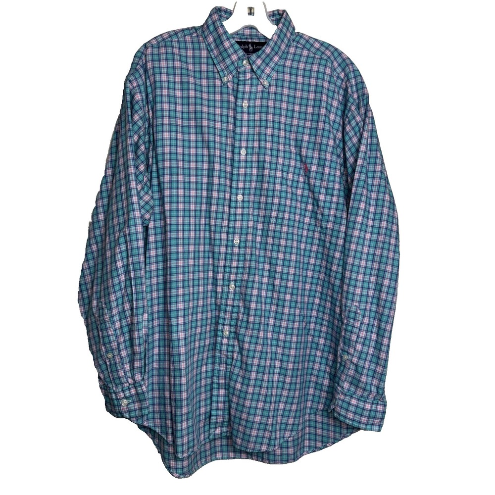 Polo Ralph Lauren Blake L Men Plaid Shirt Long Sleeve Button Down Green Pink 90s